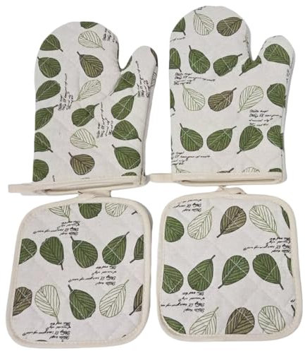 Küchenhandschuhe mit Blattmotiv, Ofenhandschuhe aus Baumwolle, 2 Handschuhe und 2 hitzebeständige Pads, Grün und Beige