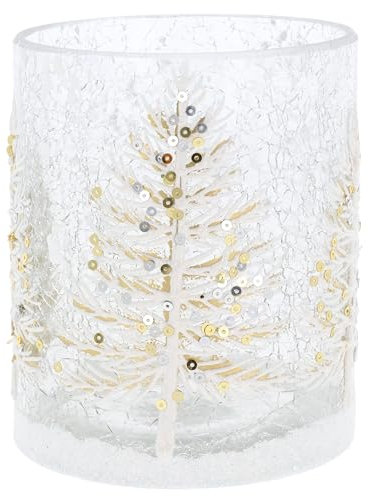 Joe Davies Christmas Crackle Tealight Holder Large – White Tree Design with Glitter and Sequin Embellishments