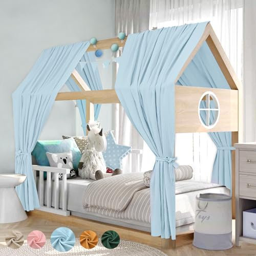 Alishomtll Hausbett Himmel Deko Set, 2 Betthimmel Hausbett aus 100% Baumwolle Musselin, 1 Wimpelkette 300cm, Kinderbett Baldachin Stoffhimmel für Mädchen Jungen Kinderzimmer, 135x320cm Himmelblau