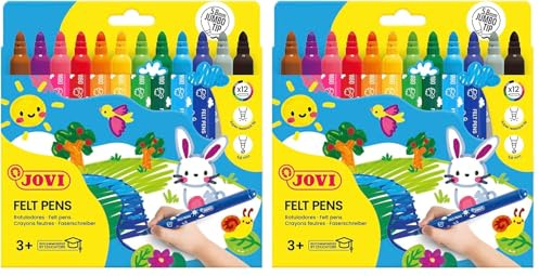 Jovi dicke Filzstifte, Strichbreite: 5,8 mm, auswaschbar, eindrücksichere Spitze, Set mit 12 Farben, Sortiert (Packung mit 2)