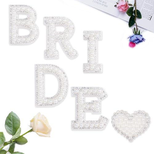 6Pcs Diamond Pearl Letter Patches, White Stick on Pearl Letter Patche, Bride Rhinestone Iron on Patches, Pearl Rhinestone Letter Patches, Letters Bride, for Bachelorette Party Wedding