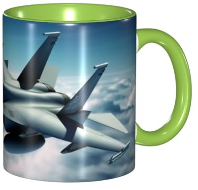 Porzellan-Kaffeetasse mit Griff, Flugzeug-Kampfjets, Kaffeetasse für Büro und Zuhause, Latte-Getränketasse für Kaffee, Tee und Milch, bunte Innenseite, Keramik-Teetassen für Männer und Frauen, 325 ml