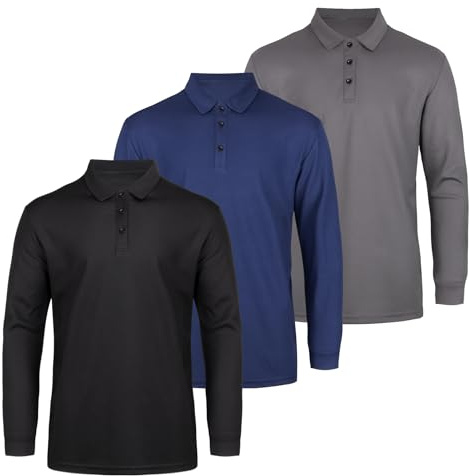 AMZSPORT Mens Polo Shirt Breathable Long Sleeve Shirt Golf Casual Sport Top with 3 Button for Work and Outdoor