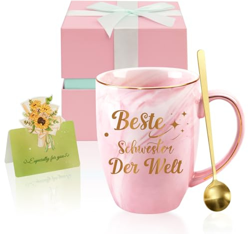 Geschenk für Schwester – Beste Schwester der Welt Tasse | 500 ml rosa Keramik Marmorbecher mit Deckel, Löffel & Geschenkbox | Geschenkidee zu Geburtstag oder Weihnachten