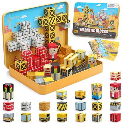 CREAFOMIFE 54 Pcs Mini Magnetic Blocks Travel Toys with Iron (Yellow) | Kids 3+ Mini Magnetic Cubes for Airplane & Car Ride Portable Storage Box Toddler Gifts Christmas Halloween New Year birthday