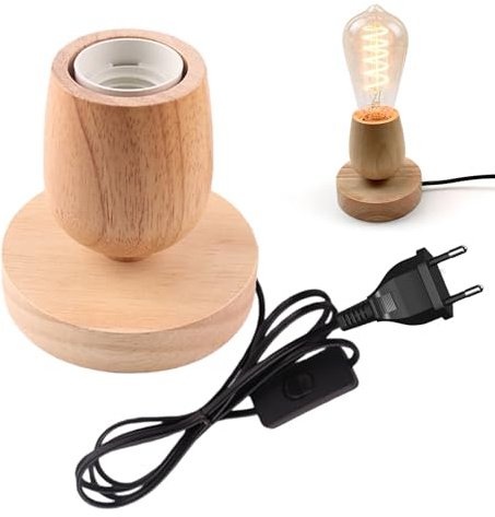BAIFULAI Tischlampe Holz, E27 Nachttischlampe Holzfuß, Mini Tischleuchte mit Holzsockel &Kabelschalter, Retro, EU-Plug, Nachttischlampe für Schlafzimmer, Wohnzimmer oder Büro (ohne Glühbirne)