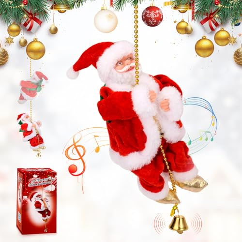 Electric Climbing Santa Claus on Rope with Music, Climbing Santa Decoration | Moving Santa Tree Hanging Decor, Festive Party Home Display and Kids Gift