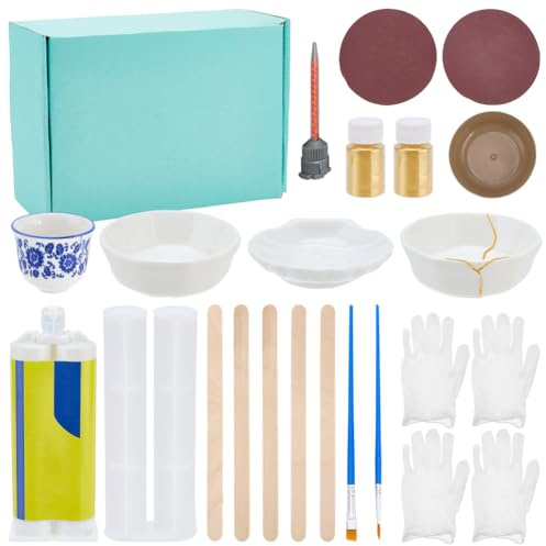 WEBEEDY 3 Set di Riparazione Kintsugi Kit Giapponese di Riparazione Oro con Tazza e Piatto di Allenamento Colla per Principianti per Riparare Ceramica Rotta Regalo Artigianato D'Arte in Ceramica