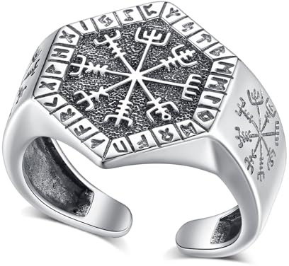 AEONSLOVE Drachen Ringe Silber 925 für Herren Damen, Wikinger Runen Vegvisir/Gothic Totenkopf Ring Verstellbar, Schlange Obsidian/Tetragrammaton Pentagramm/Wolf Offener Ring Vintage