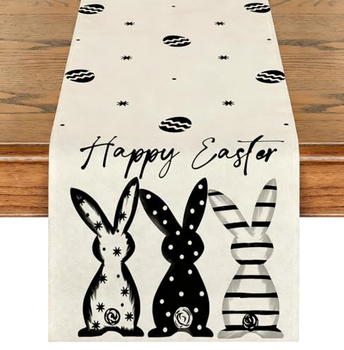 Luzzxfa Happy Easter Hasen Tischläufer Ostern Deko Leinen Frühlings Tischdeko Tischläufer Heimdekoration Tischdecke Ostern Geburtstagsparty Tisch Dekorationen 40x140 cm Schwarz