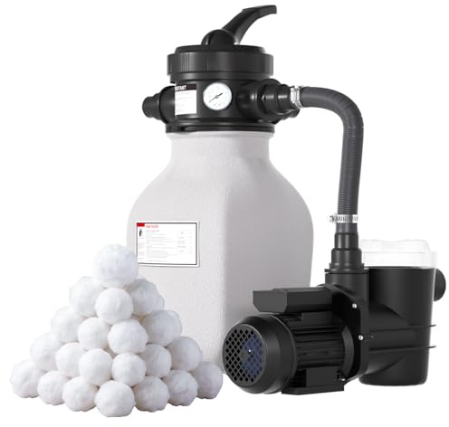 POOLPURE Sandfilteranlage 6 m³/h inkl. 700g Filterbälle, 7-Wege Ventil | 2in1 Adapter Ø32mm - 38mm | Poolfilter mit Druckanzeige | Ersatz für Filtersand Filteranlage für Schwimmbecken