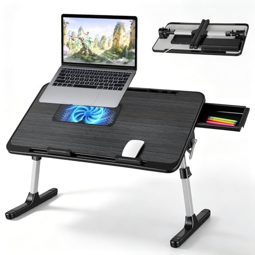 2-in-1 Bed Table & Lap Desk with Built-in Cooling Fan, Foldable Laptop Stand with Adjustable Height & Angle, Book Stand, Drawer & Edge Stopper, Ideal for Bed Desk, Sofa & Chair