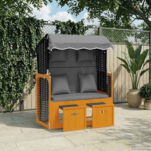 Bendmaxx Strandkorb mit Kissen aus Poly Rattan und Massivholz Schwarz Anthrazit 115x55x156 cm mit Sonnendach, 3-Fach Verstellbarer Rückenlehne, gepolsterte Fußhocker, ideal für Garten, Terrasse