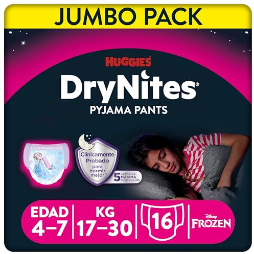 Huggies DryNites Bragas absorbentes para niña 4-7 (17-30 kg), Clínicamente probado con 5 capas de protección nocturna, 16 pañales de noche