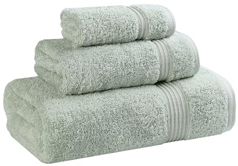 Superior Egyptian Cotton 3-Piece Towel Set, Basic Towels For Bathroom, Home Decor, Guest Bath, Shower, Apartment, Included 1 Face, 1 Hand, 1 Bath Towel, Washcloth, Quick Dry, Sage