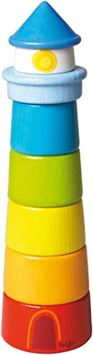 HABA 300170 - Stapelspiel Leuchtturm, Motorikspielzeug zum Sortieren von Größen und Farben, Holzspielzeug ab 12 Monaten