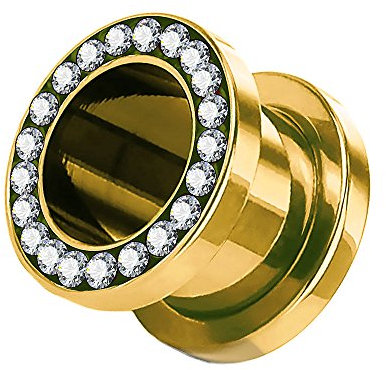 Piercingfaktor Flesh Tunnel Schraub Plug Ohr Piercing Edelstahl Titan mit Schraubverschluss Zirkonia Kristallen Steinen 10 mm Gold