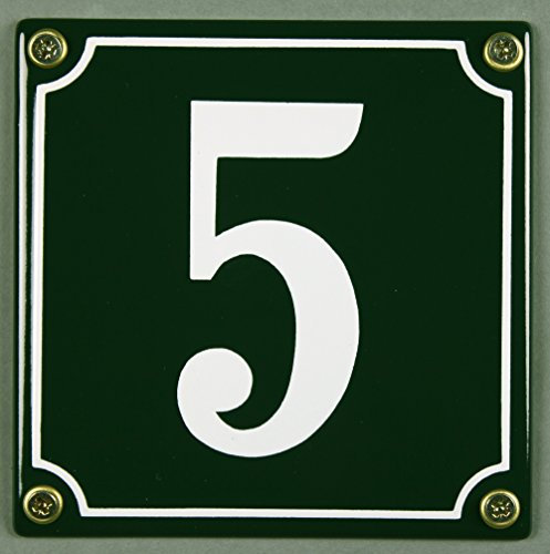Emaille Hausnummernschild - Wählen Sie Ihre Nummer - Zahlen 1 bis 30 verfügbar - grün/weiß 12x12 cm und 12x14cm - sofort lieferbar! Hausnummer Schild wetterfest und lichtecht (5 grün/weiß 12x12cm)