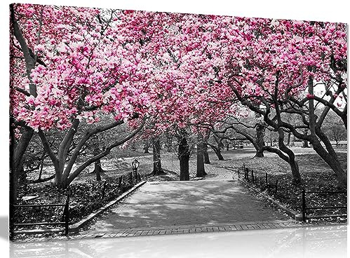 Panther Print, Canvas Wall Art, Pictures for Living Room and Bedroom, Black & White, Pink Blossoms Framed Prints for Walls, Print for Special Occasions (12x8 Inch)