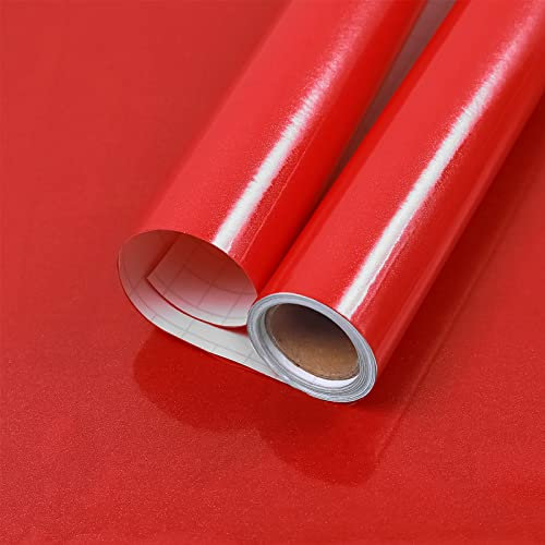 Hode Papier Adhesif pour Meuble Autocollant, Papier Peint Rouleau Film Revetement Vinyle Adhesif, Cuisine Plan de Travail Salle De Bain Murs Rouge Paillettes Brillant 30cmx3m