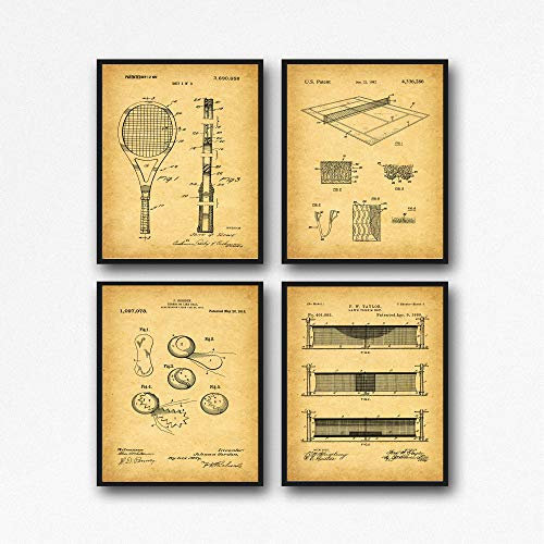 Set of Tennis Posters Tennis Wall Art Tennis Decor Tennis Ball Tennis Print Tennis Racket Tennis Court Art Wimbledon Art WB104 (13cm x 18cm, Vintage)