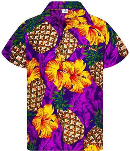 King Kameha Funky Hawaii-Hemd, Herren, Kurzarm, Pineapple-Hibiscus, Violett, 5XL