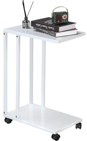 H JINHUI C Shaped Side Table, Mobile Sofa/Living Room Small End Table, with Lockable Wheels, Mobile Snack Table for Coffee Laptop Tablet, That Slide Under for Small Spaces (White)