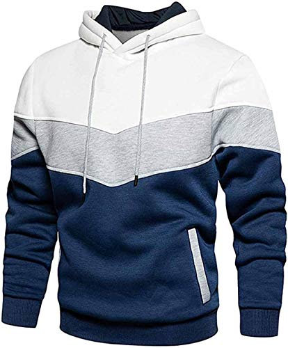 comefohome Hoodie Herren Pullover Langarm Sweatjacke Kapuzenpullover Farbblock Sweatshirt Blue Medium