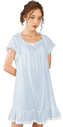 Nanxson Chemise de Nuit Femmes Coton Vêtements de Nuit Été Manche Courte Robe de Nuit Vintage Pyjama(M, Bleu)