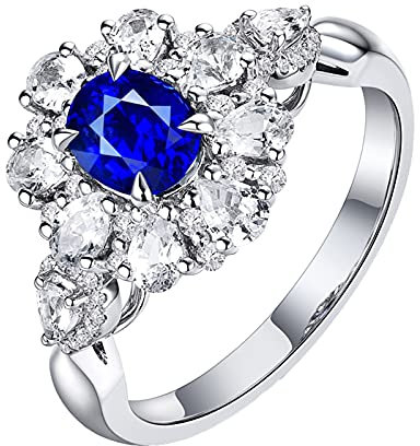 Epinki Blumen Damen Diamant Ring in 750 Weiß Gold Verlobungsring mit Saphir 0.67ct und Diamant, Mutter Tochter Geschenk, Gr.62 (19.7)