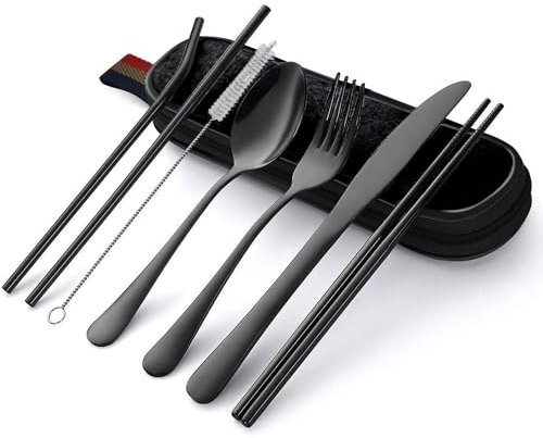 Hotype 8 Stück Bestecksets, Reise Camping-Besteck aus Edelstahl, Utensilien Set mit Tragbare Tasche, zum Reisen, Camping, Picknick, Home, Schule Lunch Etui, Schwarz