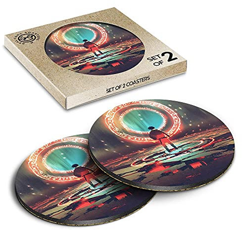 2 x Eco Boxed Cork Coasters - Fantasy Portal Digital Gamer Drink Cup Mug Glass Table Mat #14038