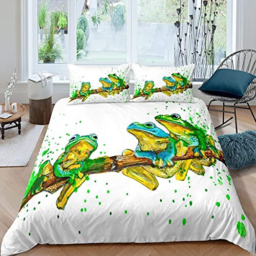 Homewish Cartoon Frosch Bettwäsche Set Grün Tie Dye Bettbezug Braun Zweig Bettbezug Tier Bettbezug Erwachsene Weiß Zimmerdekoration 1 Kissenbezug 135X200 Bettbezug