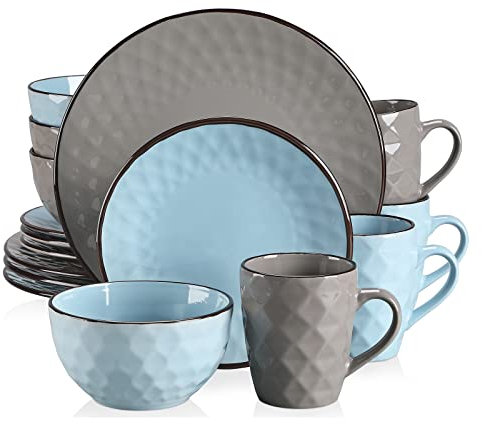 vancasso Vajillas Completas Modernas serie Moda Juego de Vajilla de Ceramica Colores (Azul y Gris, 16 Piezas)