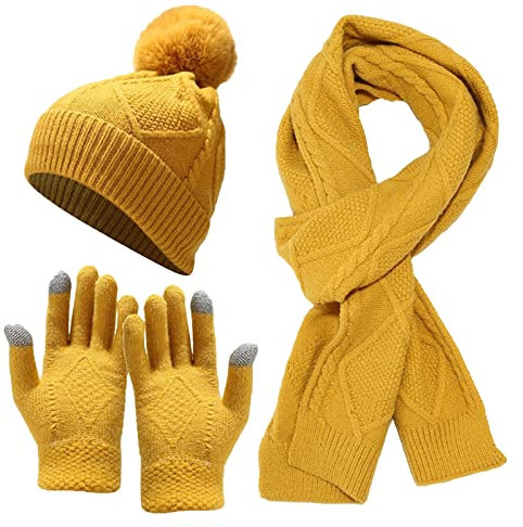 RAILONCH Damen Schal Mütze Handschuhe Set, Warme Winterset Gestrickt Beanie Schnee Hut Strickschal, 3-In-1 Winter-Set (Gelb)