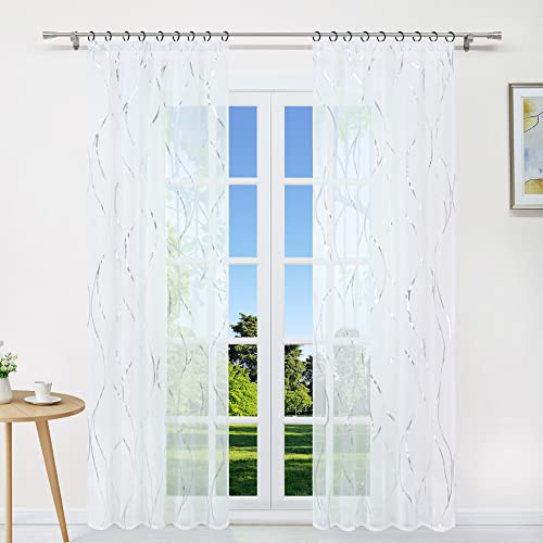 CORLIF Gardinen mit Kräuselband Transparente Gardine Schal Voile Vorhang Fensterschal Wellen Druck Silber B/H 140/225 cm 1 Stück