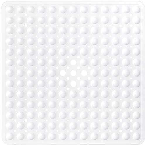 XIYUNTE Square Shower Mats Non Slip Anti Mould - 53 x 53 cm Rubber Anti Slip Bath Mat with Suction Cups and Drain Holes, Machine Washable, White