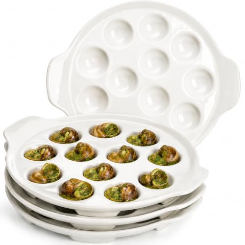 Okllen Lot de 4 assiettes Escargot en céramique avec 12 trous et poignées, 22,9 cm, plats à pied pour fruits de mer, escargot, plats de cuisson blancs pour la maison, la cuisine, le restaurant,