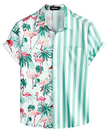 VATPAVE Herren Flamingo Hawaii Hemd Männer Freizeit Kurzarmhemd Sommer Strandhemd Regular Fit 3X-Large Kokosnuss Flamingo