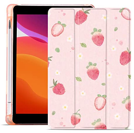 Idocolors Pink Strawberry Daisy Case for iPad 9.7 inch 2017/2018 with Pencil Holder, Cute Floral Flowers iPad 5th/6th Generation Protective Case with Soft TPU Back, Auto Sleep/Wake Cover Slim Shell