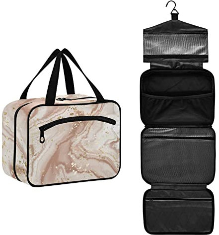 CHIFIGNO Rose Gold Marble Texture Toiletry Bag with Hanging Hook, Multi-function Bathroom Shower Bag Travel Makeup Bags for Brushes Set, Full-Sized Shampoo, Conditioner, Rose Gold Marble Texture, M