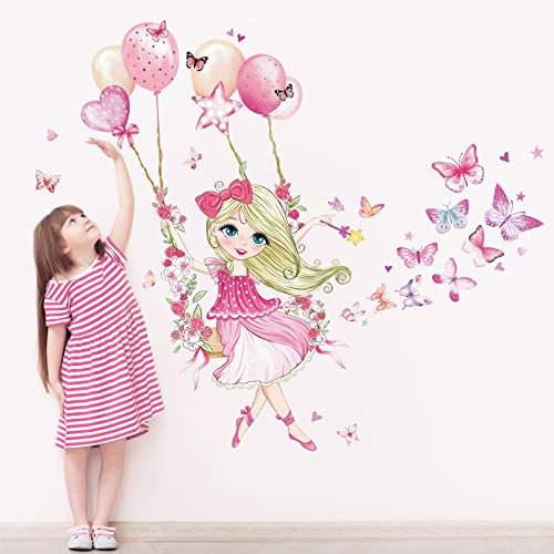 wondever Stickers Muraux Fille Fleur Branches Autocollants Muraux Mural Stickers Papillon Fleurs Rose Ballons pour Bébé Fille Chambre Enfants Pépinière