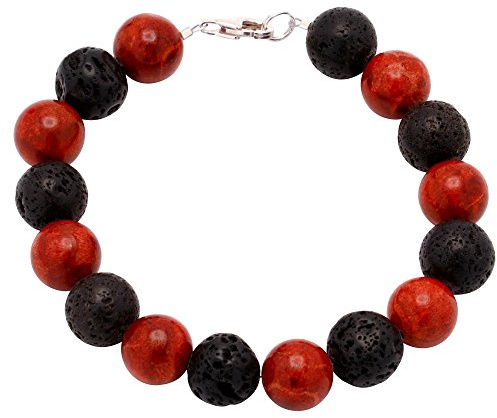 Armband Koralle Schaumkoralle & Lava & 925 Silber, Kugel rot-schwarz Armschmuck