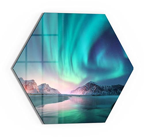 DEQORI Glasbild Echtglas | Motiv Das Nordlicht der Lofoten | sechseckig einteilig 55x47,6 cm | schöne Dekoration | Wandbild für Wohnzimmer, Schlafzimmer, Flur & Küche | moderne Wanddeko
