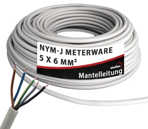 siwitec NYM-J 5x6 mm² Kabel, Mantelleitung, Installationskabel, Feuchtraumkabel in grau, exakt zugeschnittene Meterware in Profi-Qualität, Länge (aktuelle Auswahl) = 50 Meter