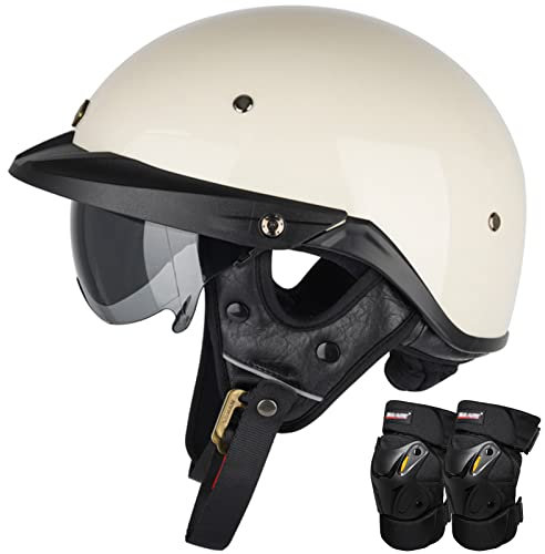 Casco Moto Mezzo Viso, Metà Aperto Faccia Casco del Motociclo Con Occhialoni e Ginocchiere, Casco Jet Vintage Demi Caschi Cromwell Omologato DOT/ECE Casco Scodella Uomini Donne, Bianco-S(55~56cm)