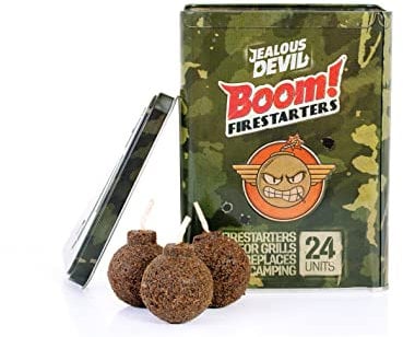 Jealous Devil Boom! Firestarters 24 Pack, 100% Natural Made from Coconut Fiber, No Smoke and Odorless, Waterproof, 20-Minute Long Burn for BBQ Lump Charcoal, Briquettes, Fireplace, Camping and More