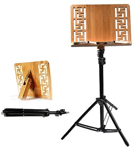WORDFUN 2 In 1 Dual-Use Notenständer Und Desktop-Buchständer, Stabiles Pult Mit Notenablage Aus Bambus, Professional Orchester-Notenpult, Höhenverstellbar 70-160cm, Leicht Tragbar