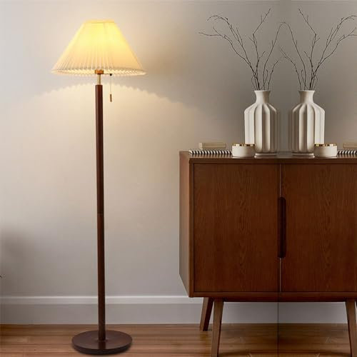 Wylolik Lampadaire Minimaliste Nordique Fait Main Tissu Lampe sur Pied Corps Lampe Bois Massif Lampe Verticale, Interrupteur Corde Lampe Table Lampes Lecture pour Chambre Coucher Salon Salle d'étude