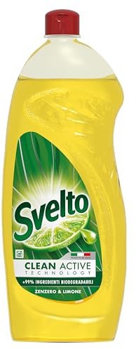 Svelto Clean Active Tecnology, Detersivo Piatti Svelto con +99% Ingredienti Biodegradabili, Sgrassa in Acqua Fredda e Rimuove l'Unto dalla Plastica, per un Risciacquo Veloce, Zenzero e Limone, 980ml